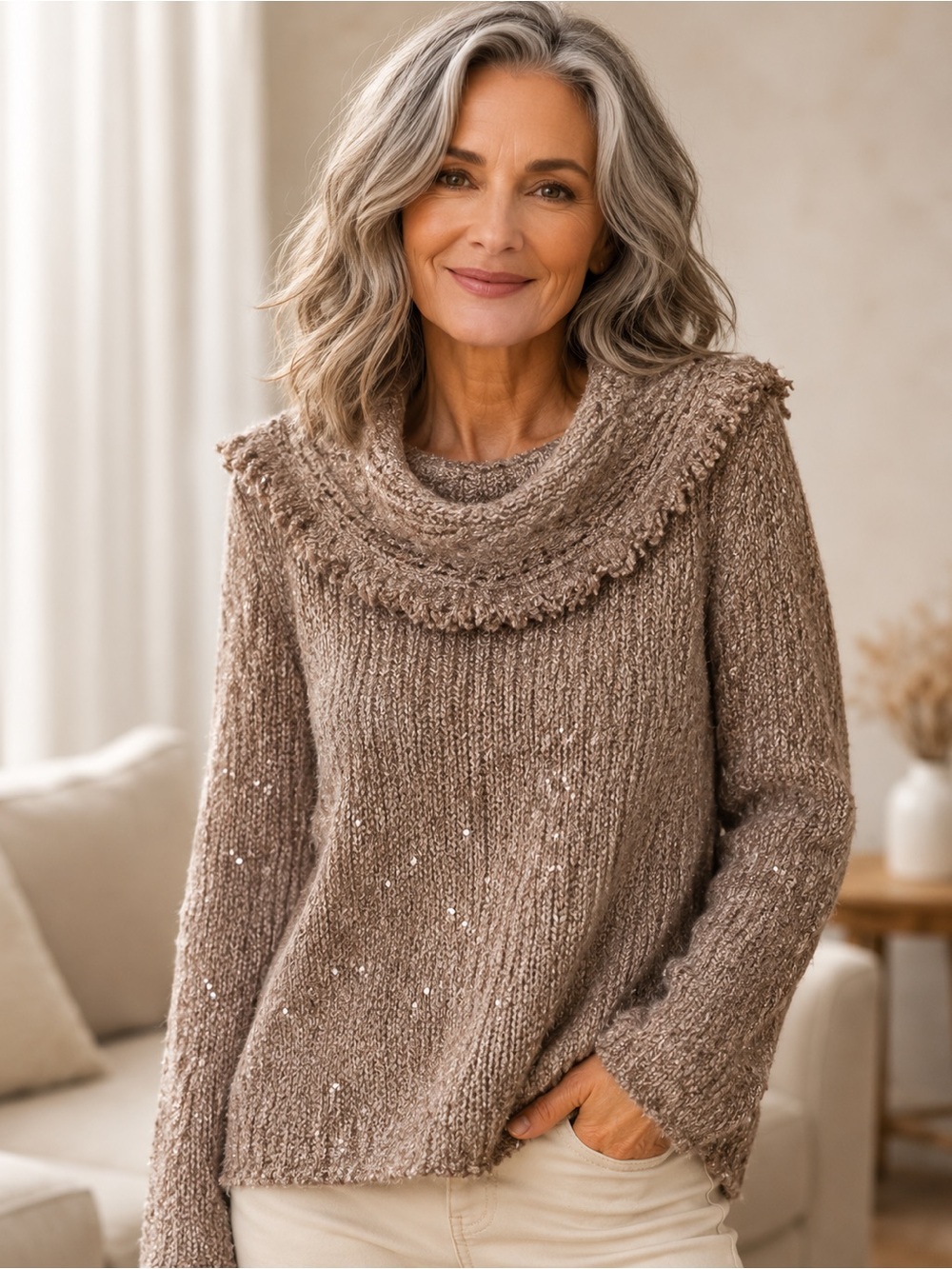 WHBM Sequin Knit Sweater Coastal Grandma Cowl Neck Taupe MP